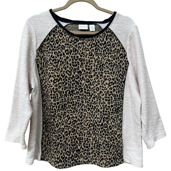 Chico’s Zenergy Size 2 Large Leopard Print Gold Sweater Pullover 3/4 Sleeve - Picture 1 of 9